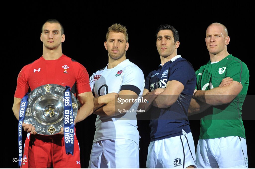 22 January 2014; In attendance at the launch of the 2014 RBS Six Nations Championship are team captains, from left to right, Wales' Sam Warburton, England's Chris Robshaw, Scotland's Kelly Brown and Ireland's Paul O'Connell with the RBS Six Nations Championship trophy. RBS Six Nations Championship 2014 Launch, The Hurlingham Club, Ranelagh Gardens, London. Picture credit: Garry Bowden / SPORTSFILE