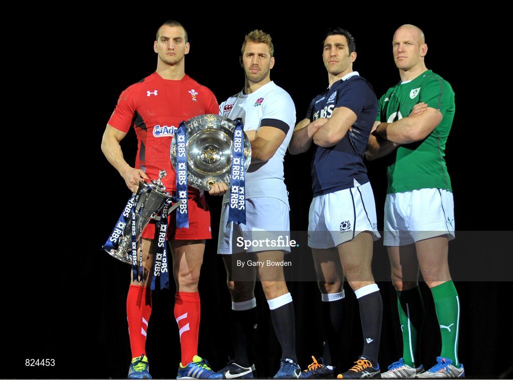 22 January 2014; In attendance at the launch of the 2014 RBS Six Nations Championship are team captains, from left to right, Wales' Sam Warburton, England's Chris Robshaw, Scotland's Kelly Brown and Ireland's Paul O'Connell with the RBS Six Nations Championship trophy. RBS Six Nations Championship 2014 Launch, The Hurlingham Club, Ranelagh Gardens, London. Picture credit: Garry Bowden / SPORTSFILE