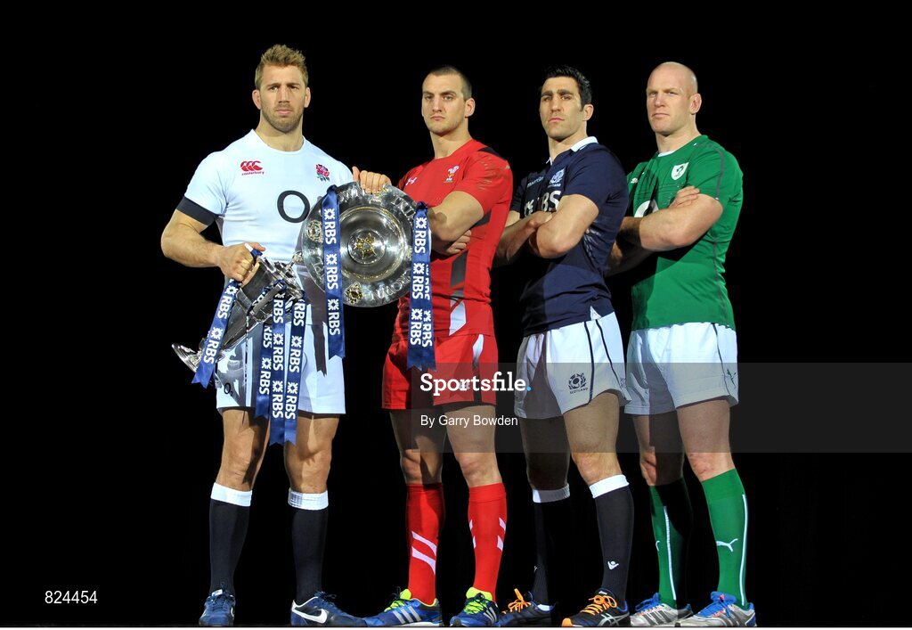 22 January 2014; In attendance at the launch of the 2014 RBS Six Nations Championship are team captains, from left to right, England's Chris Robshaw, Wales' Sam Warburton, Scotland's Kelly Brown and Ireland's Paul O'Connell with the RBS Six Nations Championship trophy. RBS Six Nations Championship 2014 Launch, The Hurlingham Club, Ranelagh Gardens, London. Picture credit: Garry Bowden / SPORTSFILE