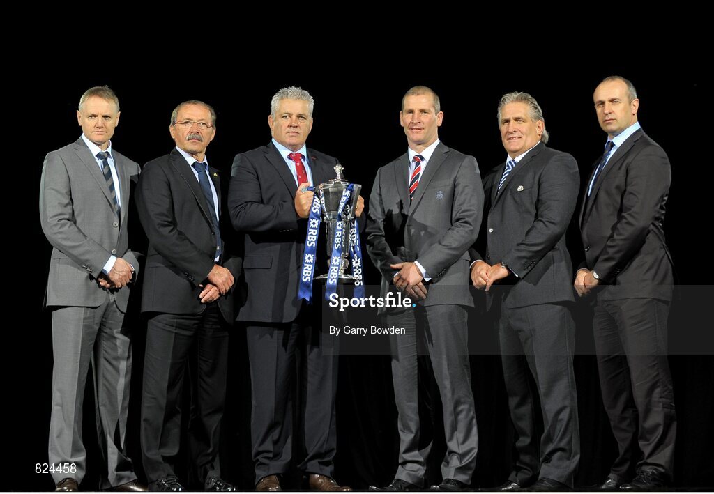 22 January 2014; In attendance at the launch of the 2014 RBS Six Nations Championship are head coaches, from left to right, Ireland's Joe Schmidt, Italy's Jacques Brunel, Wales' Warren Gatland, England's Stuart Lancaster, Scotland's Vern Cotter and France's Phillipe Saint-Andre with the RBS Six Nations Championship trophy. RBS Six Nations Championship 2014 Launch, The Hurlingham Club, Ranelagh Gardens, London. Picture credit: Garry Bowden / SPORTSFILE