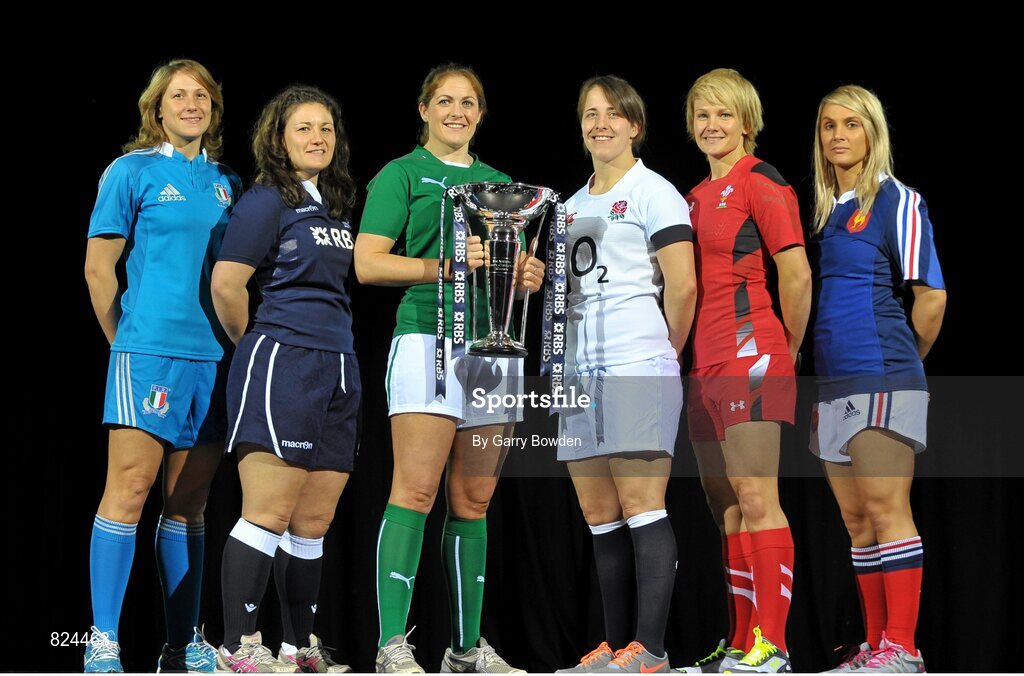 22 January 2014; In attendance at the launch of the 2014 RBS Six Nations Championship are team captains, from left to right, Italy's Silvia Gaudino, Scotland's Tracey Balmer, Ireland's Fiona Coughlan, England's Katy McLean , Wales' Phillippa Tuttiett and Marie Alice Yahe with the RBS Six Nations Championship trophy. RBS Six Nations Championship 2014 Launch, The Hurlingham Club, Ranelagh Gardens, London. Picture credit: Garry Bowden / SPORTSFILE