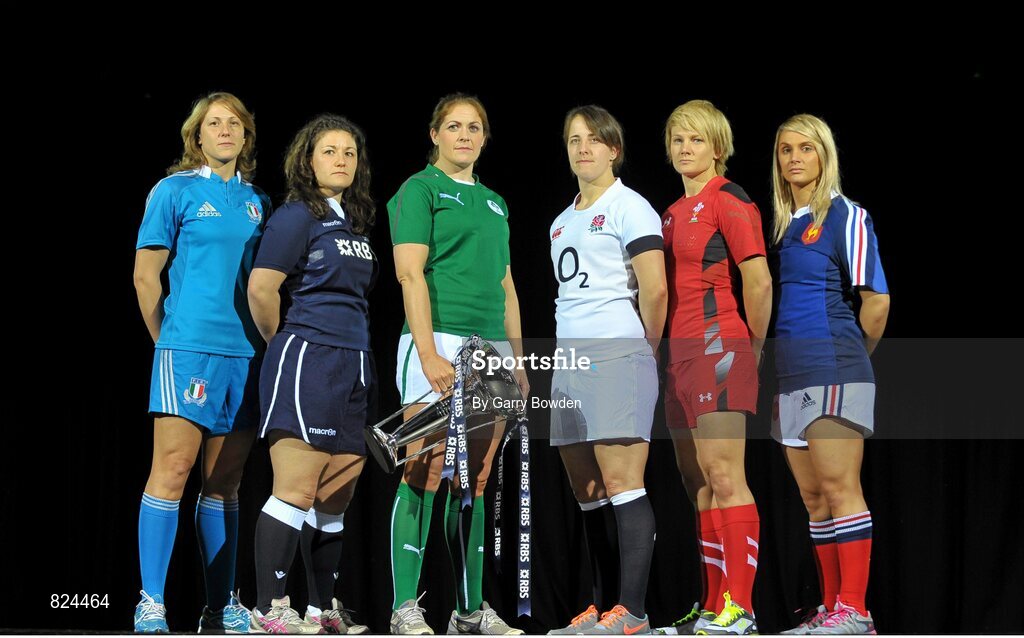 22 January 2014; In attendance at the launch of the 2014 RBS Six Nations Championship are team captains, from left to right, Italy's Silvia Gaudino, Scotland's Tracey Balmer, Ireland's Fiona Coughlan, England's Katy McLean , Wales' Phillippa Tuttiett and Marie Alice Yahe with the RBS Six Nations Championship trophy. RBS Six Nations Championship 2014 Launch, The Hurlingham Club, Ranelagh Gardens, London. Picture credit: Garry Bowden / SPORTSFILE