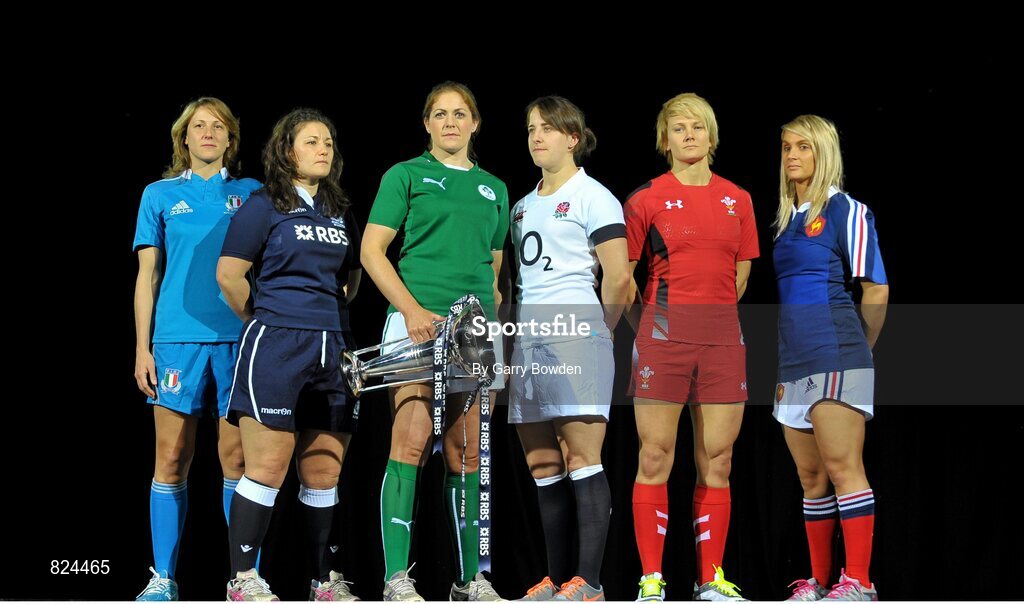 22 January 2014; In attendance at the launch of the 2014 RBS Six Nations Championship are team captains, from left to right, Italy's Silvia Gaudino, Scotland's Tracey Balmer, Ireland's Fiona Coughlan, England's Katy McLean , Wales' Phillippa Tuttiett and Marie Alice Yahe with the RBS Six Nations Championship trophy. RBS Six Nations Championship 2014 Launch, The Hurlingham Club, Ranelagh Gardens, London. Picture credit: Garry Bowden / SPORTSFILE