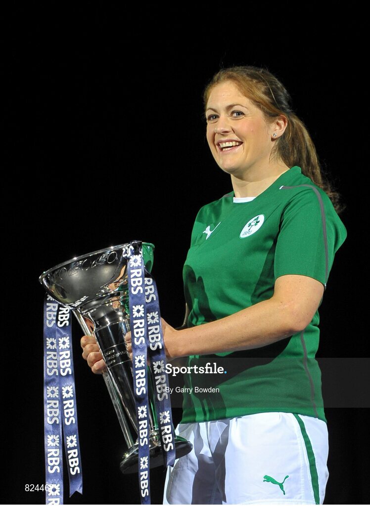 22 January 2014; In attendance at the launch of the 2014 RBS Six Nations Championship is Ireland captain Fiona Coughlan with the RBS Six Nations Championship trophy. RBS Six Nations Championship 2014 Launch, The Hurlingham Club, Ranelagh Gardens, London. Picture credit: Garry Bowden / SPORTSFILE