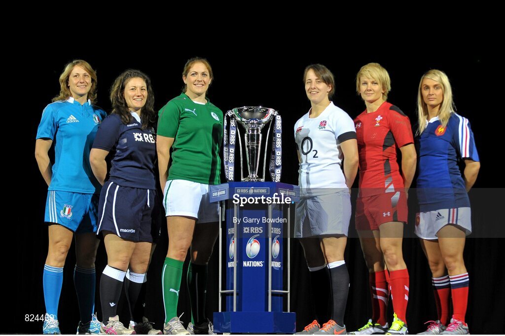 22 January 2014; In attendance at the launch of the 2014 RBS Six Nations Championship are team captains, from left to right, Italy's Silvia Gaudino, Scotland's Tracey Balmer, Ireland's Fiona Coughlan, England's Katy McLean , Wales' Phillippa Tuttiett and Marie Alice Yahe with the RBS Six Nations Championship trophy. RBS Six Nations Championship 2014 Launch, The Hurlingham Club, Ranelagh Gardens, London. Picture credit: Garry Bowden / SPORTSFILE