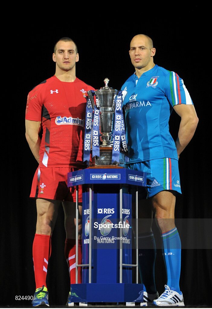 22 January 2014; In attendance at the launch of the 2014 RBS Six Nations Championship are team captains Sam Warburton, Wales, left, and Sergio Parisse, Italy, with the RBS Six Nations Championship trophy. RBS Six Nations Championship 2014 Launch, The Hurlingham Club, Ranelagh Gardens, London. Picture credit: Garry Bowden / SPORTSFILE