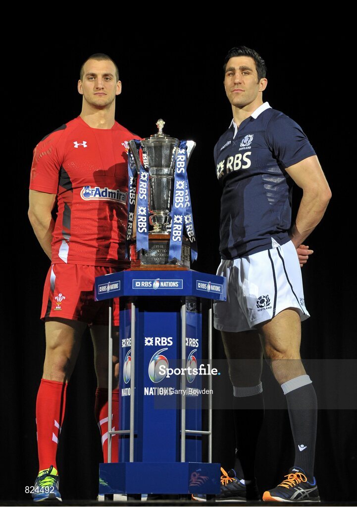 22 January 2014; In attendance at the launch of the 2014 RBS Six Nations Championship are team captains Sam Warburton, Wales, left, and Kelly Brown, Scotland, with the RBS Six Nations Championship trophy. RBS Six Nations Championship 2014 Launch, The Hurlingham Club, Ranelagh Gardens, London. Picture credit: Garry Bowden / SPORTSFILE