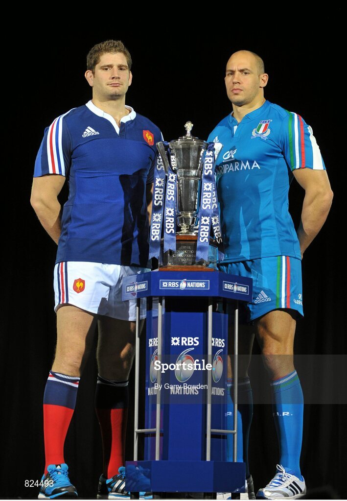 22 January 2014; In attendance at the launch of the 2014 RBS Six Nations Championship are team captains Pascal Pape, France, left, and Sergio Parisse, Italy, with the RBS Six Nations Championship trophy. RBS Six Nations Championship 2014 Launch, The Hurlingham Club, Ranelagh Gardens, London. Picture credit: Garry Bowden / SPORTSFILE