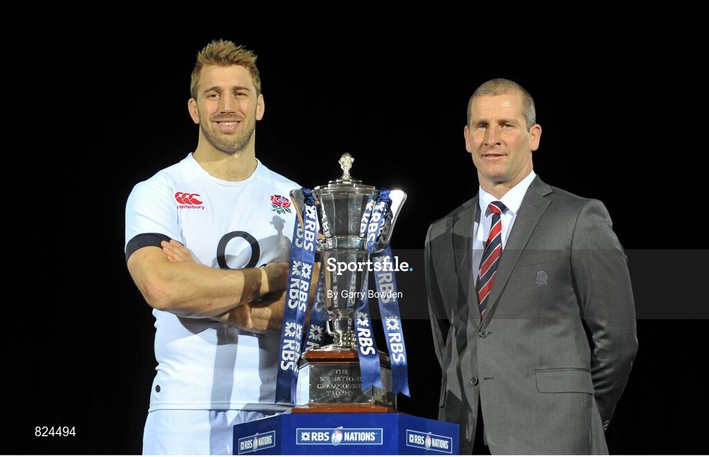 22 January 2014; In attendance at the launch of the 2014 RBS Six Nations Championship are England head coach Stuart Lancaster and captain Chris Robshaw with the RBS Six Nations Championship trophy. RBS Six Nations Championship 2014 Launch, The Hurlingham Club, Ranelagh Gardens, London. Picture credit: Garry Bowden / SPORTSFILE