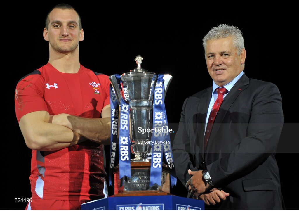 22 January 2014; In attendance at the launch of the 2014 RBS Six Nations Championship are Wales head coach Warren Gatland and captain Sam Warburton with the RBS Six Nations Championship trophy. RBS Six Nations Championship 2014 Launch, The Hurlingham Club, Ranelagh Gardens, London. Picture credit: Garry Bowden / SPORTSFILE