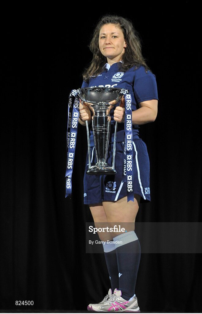 22 January 2014; In attendance at the launch of the 2014 RBS Six Nations Championship is Scotland captain Tracey Balmer with the RBS Six Nations Championship trophy. RBS Six Nations Championship 2014 Launch, The Hurlingham Club, Ranelagh Gardens, London. Picture credit: Garry Bowden / SPORTSFILE