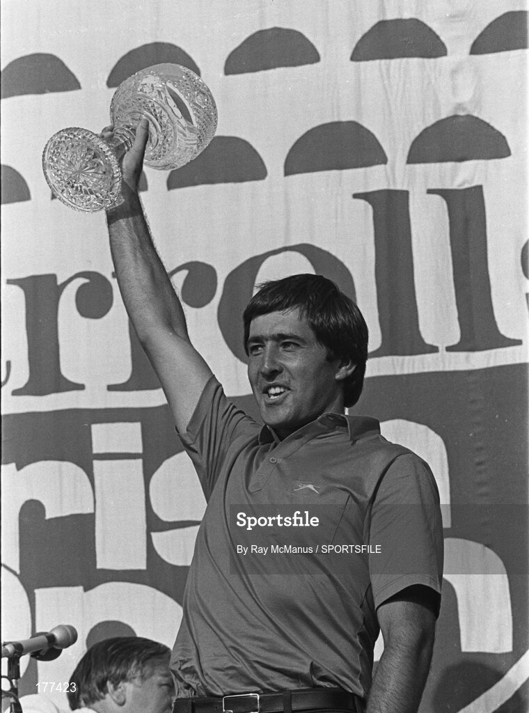 14 August 1983; Seve Ballesteros lifts the trophy after winning the Carrolls Irish Open, Royal Dublin Golf Club, Dublin. Picture credit; Ray McManus / SPORTSFILE