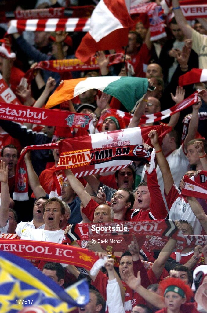 25 May 2005; Liverpool supporters cheer on their team before the start of the game. UEFA Champions League Final, Liverpool v AC Milan, Atatürk Olympic Stadium, Istanbul, Turkey. Picture credit; David Maher / SPORTSFILE