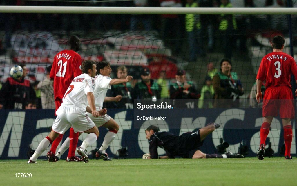 25 May 2005; AC Milan players Andriy Shevchenko, left, and Herrnan Crespo celebrate after team-mate Paolo Maldini had scored his sides first goal as Liverpool players, Dimi Traore, Jerzy Dudek and Steve Finnan look on. UEFA Champions League Final, Liverpool v AC Milan, Ataturk Olympic Stadium, Istanbul, Turkey. Picture credit; David Maher / SPORTSFILE