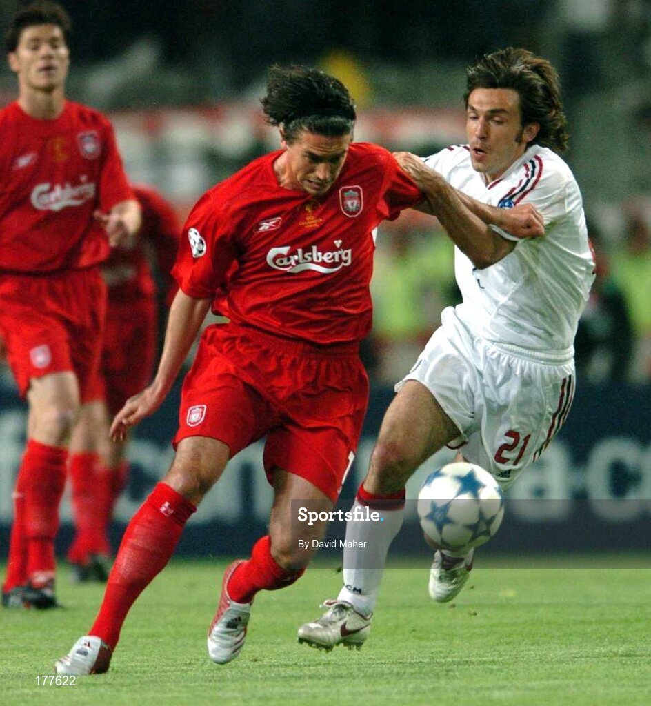 25 May 2005; Harry Kewell, Liverpool, in action against  Kaka, AC Milan. UEFA Champions League Final, Liverpool v AC Milan, Ataturk Olympic Stadium, Istanbul, Turkey. Picture credit; David Maher / SPORTSFILE