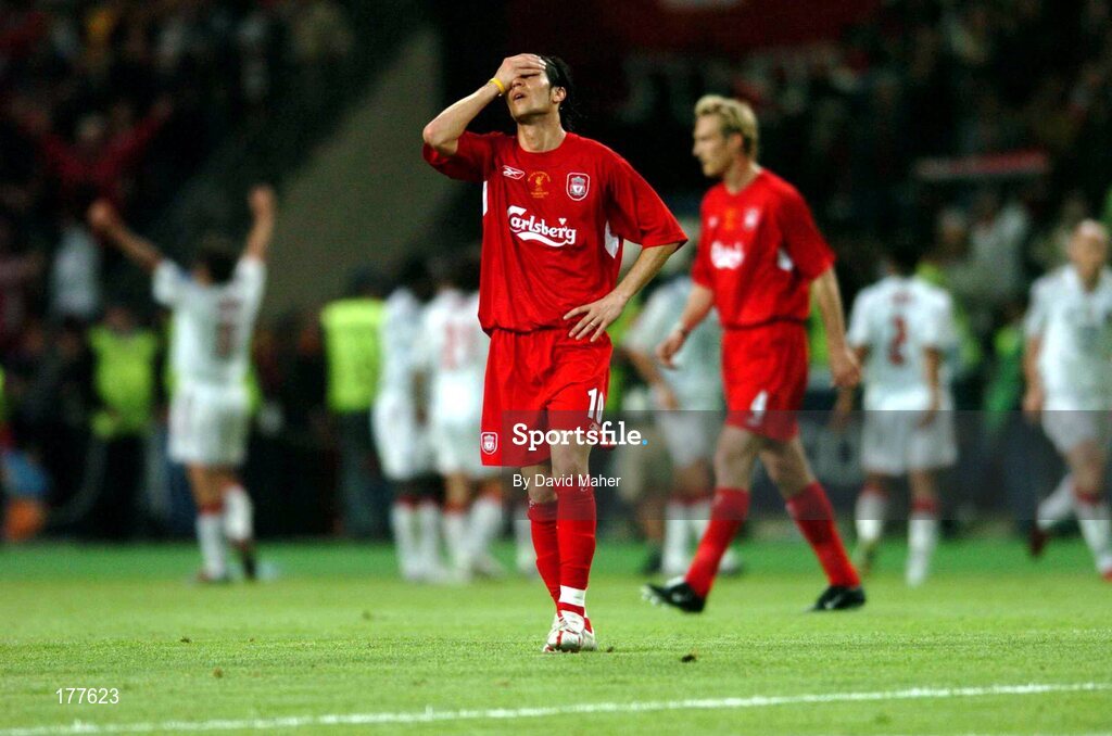 25 May 2005; Luis Garcia, Liverpool, holds his head after  AC Milan's Hernan Crespo had scored his sides second goal. UEFA Champions League Final, Liverpool v AC Milan, Ataturk Olympic Stadium, Istanbul, Turkey. Picture credit; David Maher / SPORTSFILE