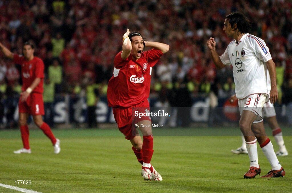 25 May 2005; Luis Garcia, Liverpool, reacts to the linesman after he failed to award a penalty to Liverpool during the first half. UEFA Champions League Final, Liverpool v AC Milan, Atatürk Olympic Stadium, Istanbul, Turkey. Picture credit; David Maher / SPORTSFILE