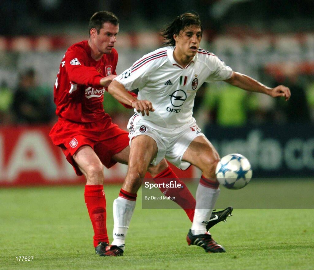 25 May 2005; Hernan Crespo, AC Milan, in action against Jamie Carragher, Liverpool. UEFA Champions League Final, Liverpool v AC Milan, Atatürk Olympic Stadium, Istanbul, Turkey. Picture credit; David Maher / SPORTSFILE