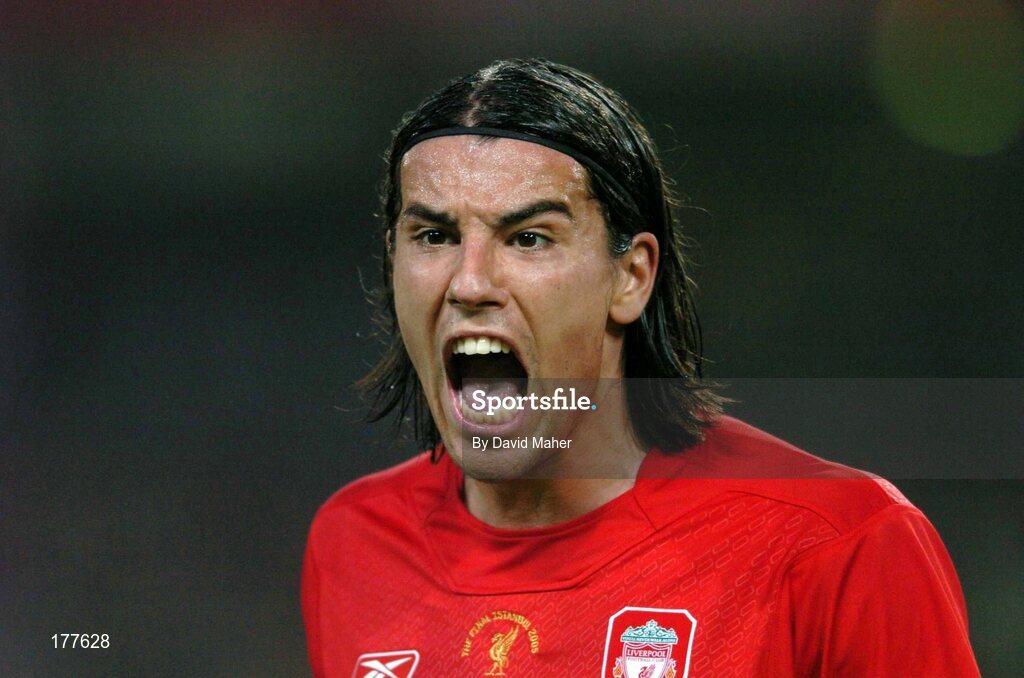 25 May 2005; Milan Baros, Liverpool, reacts to the linesman after he failed to award a penalty to Liverpool during the first half. UEFA Champions League Final, Liverpool v AC Milan, Atatürk Olympic Stadium, Istanbul, Turkey. Picture credit; David Maher / SPORTSFILE