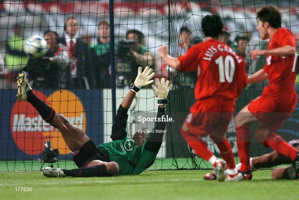 25 May 2005;  Xabi Alosno, far right, fires his sides third goal from a rebound after AC Milan goalkeeper Dida saved his penalty. UEFA Champions League Final, Liverpool v AC Milan, Ataturk Olympic Stadium, Istanbul, Turkey. Picture credit; David Maher / SPORTSFILE