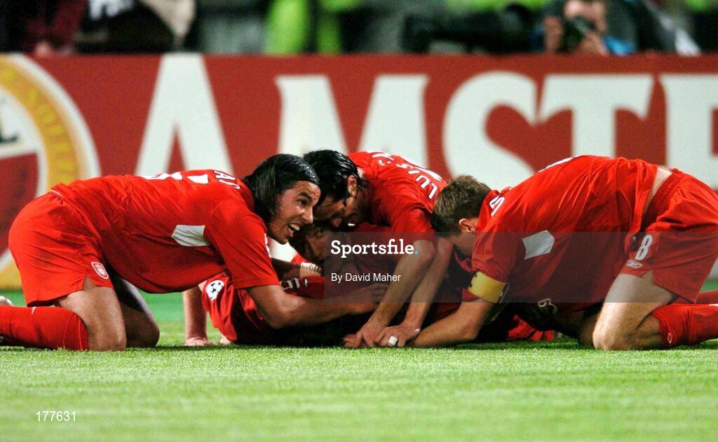 25 May 2005;  Xabi Alonso, hidden, Liverpool, celebrates after scoring his sides third goal with team-mates, left to right, Milan Baros, Vladimir Smicer, Luis Garcia and Steven Gerard. UEFA Champions League Final, Liverpool v AC Milan, Atatürk Olympic Stadium, Istanbul, Turkey. Picture credit; David Maher / SPORTSFILE