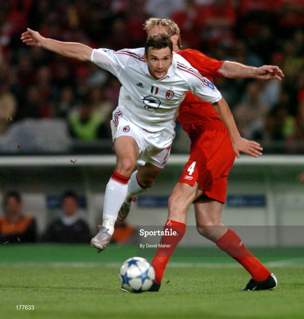 25 May 2005; Andriy Shevchenko, AC Milan, in action against Sami Hyypia, Liverpool. UEFA Champions League Final, Liverpool v AC Milan, Atatürk Olympic Stadium, Istanbul, Turkey. Picture credit; David Maher / SPORTSFILE