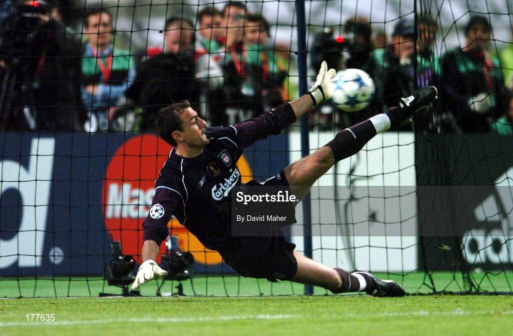 25 May 2005; Jerzy Dudek, Liverpool goalkeeper, saves Andriy Shevchenko's penalty to win the UEFA Champions League Final. UEFA Champions League Final, Liverpool v AC Milan, Ataturk Olympic Stadium, Istanbul, Turkey. Picture credit; David Maher / SPORTSFILE