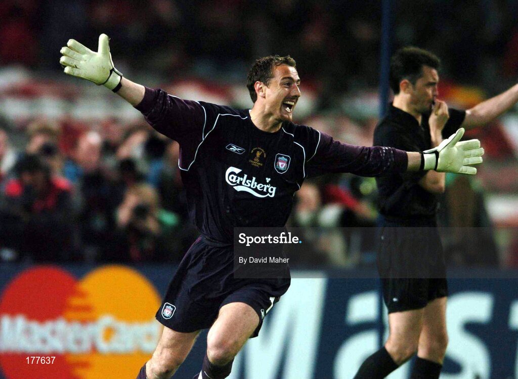 25 May 2005; Liverpool goalkeeper Jerzy Dudek celebrates after saving  Andriy Shevchenko's penalty to win the UEFA Champions League Final. UEFA Champions League Final, Liverpool v AC Milan, Atatürk Olympic Stadium, Istanbul, Turkey. Picture credit; David Maher / SPORTSFILE