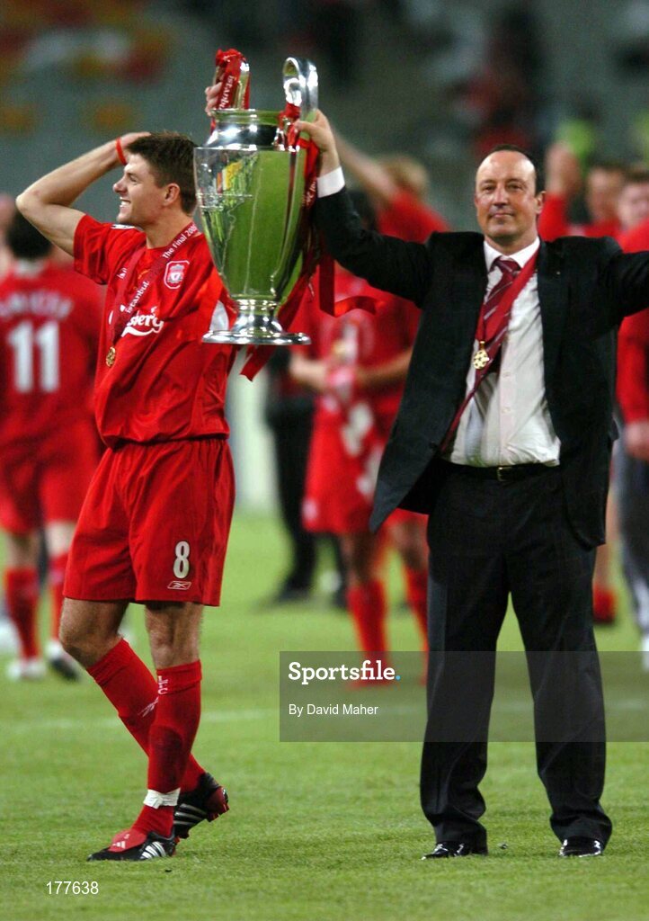 25 May 2005; Steven Gerard, Liverpool captain, celebrates with his manager Rafael Benitez after the game. UEFA Champions League Final, Liverpool v AC Milan, Ataturk Olympic Stadium, Istanbul, Turkey. Picture credit; David Maher / SPORTSFILE