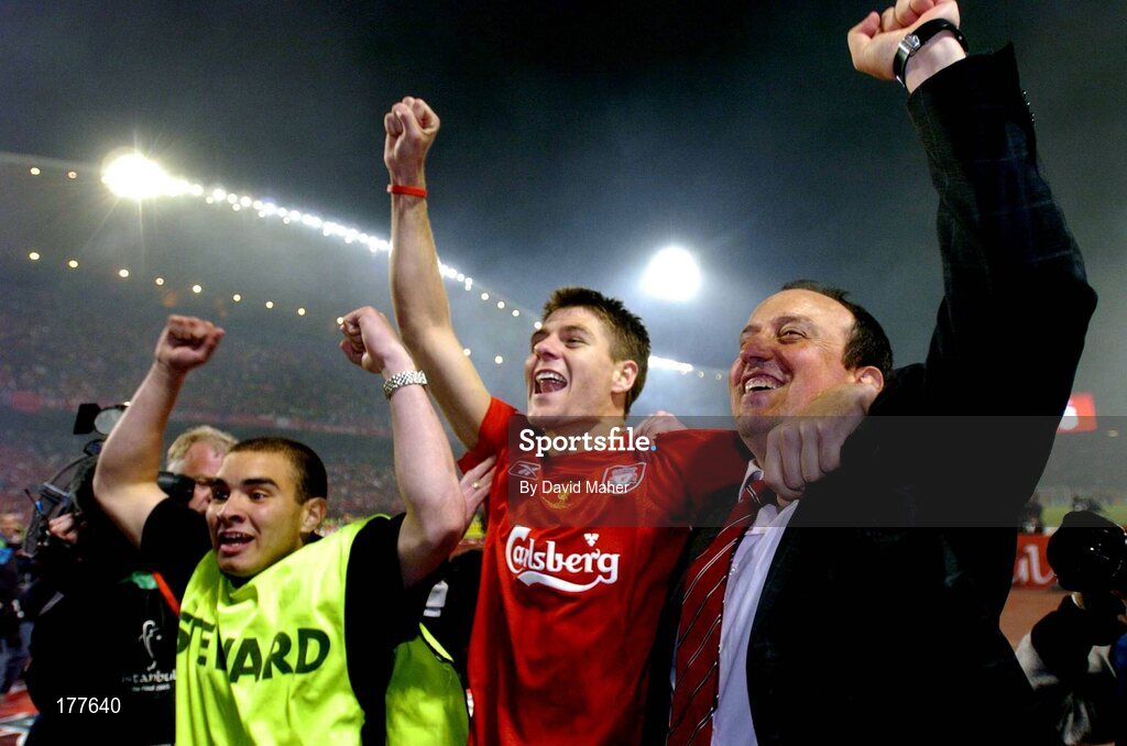 25 May 2005; Steven Gerard, Liverpool captain, celebrates with his manager Rafael Benitez after the game. UEFA Champions League Final, Liverpool v AC Milan, Ataturk Olympic Stadium, Istanbul, Turkey. Picture credit; David Maher / SPORTSFILE