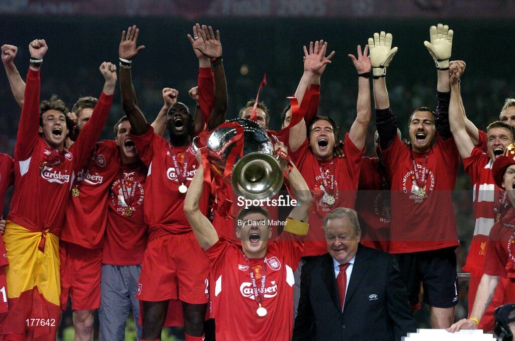 25 May 2005; Steven Gerard, Liverpool captain, lifts the cup in the company of Sepp Blater, FIFA President, as his team-mates celebrate. UEFA Champions League Final, Liverpool v AC Milan, Ataturk Olympic Stadium, Istanbul, Turkey. Picture credit; David Maher / SPORTSFILE