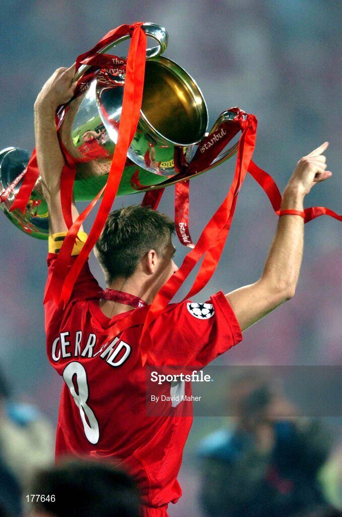 25 May 2005; Steven Gerard, Liverpool, celebrates with the cup at the end of the game. UEFA Champions League Final, Liverpool v AC Milan, Ataturk Olympic Stadium, Istanbul, Turkey. Picture credit; David Maher / SPORTSFILE