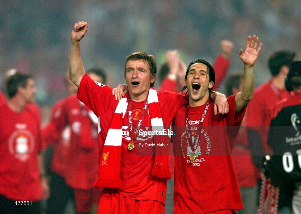 25 May 2005; Vladimir Smicer, left, and Luis Garcia, Liverpool, celebrate at the end of the game. UEFA Champions League Final, Liverpool v AC Milan, Ataturk Olympic Stadium, Istanbul, Turkey. Picture credit; David Maher / SPORTSFILE