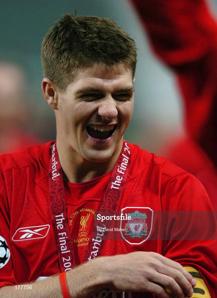 25 May 2005; Steven Gerrard, Liverpool, celebrates at the end of the game after victory over AC Milan. UEFA Champions League Final, Liverpool v AC Milan, Ataturk Olympic Stadium, Istanbul, Turkey. Picture credit; David Maher / SPORTSFILE