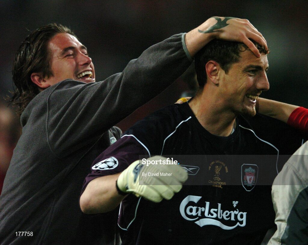 25 May 2005; Harry Kewell, left, Liverpool, celebrates with team mate Jerzy Dudek at the end of the game after victory over AC Milan. UEFA Champions League Final, Liverpool v AC Milan, Ataturk Olympic Stadium, Istanbul, Turkey. Picture credit; David Maher / SPORTSFILE