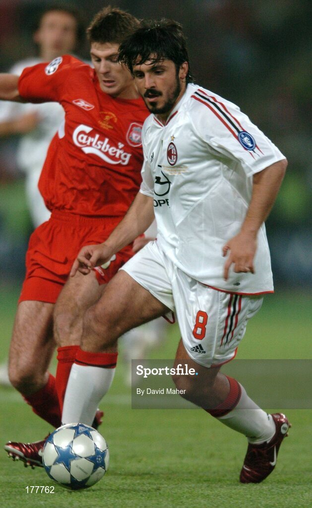 25 May 2005; Gennaro Gattuso, AC Milan, in action against  Steven Gerrard, Liverpool. UEFA Champions League Final, Liverpool v AC Milan, Ataturk Olympic Stadium, Istanbul, Turkey. Picture credit; David Maher / SPORTSFILE