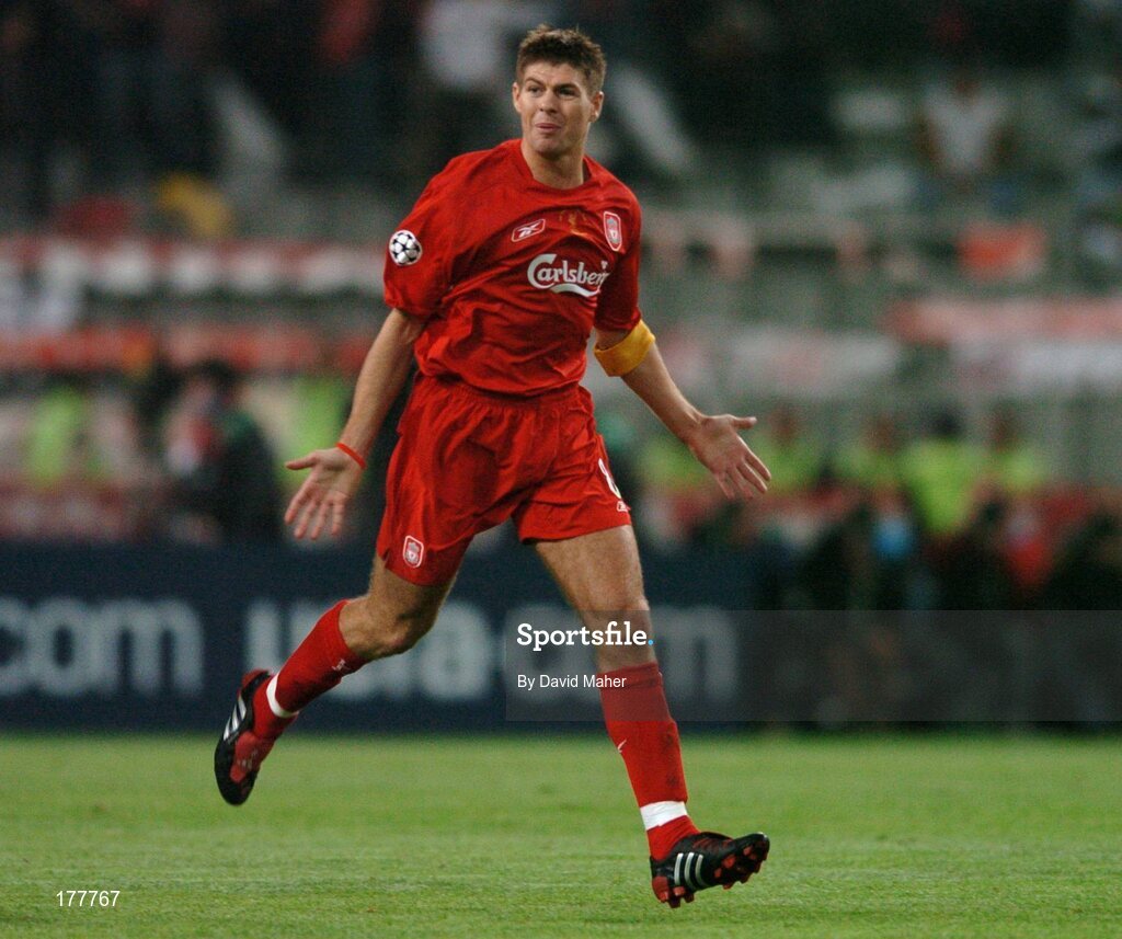 25 May 2005; Steven Gerrard, Liverpool, celebrates after scoring his sides first goal. UEFA Champions League Final, Liverpool v AC Milan, Ataturk Olympic Stadium, Istanbul, Turkey. Picture credit; David Maher / SPORTSFILE