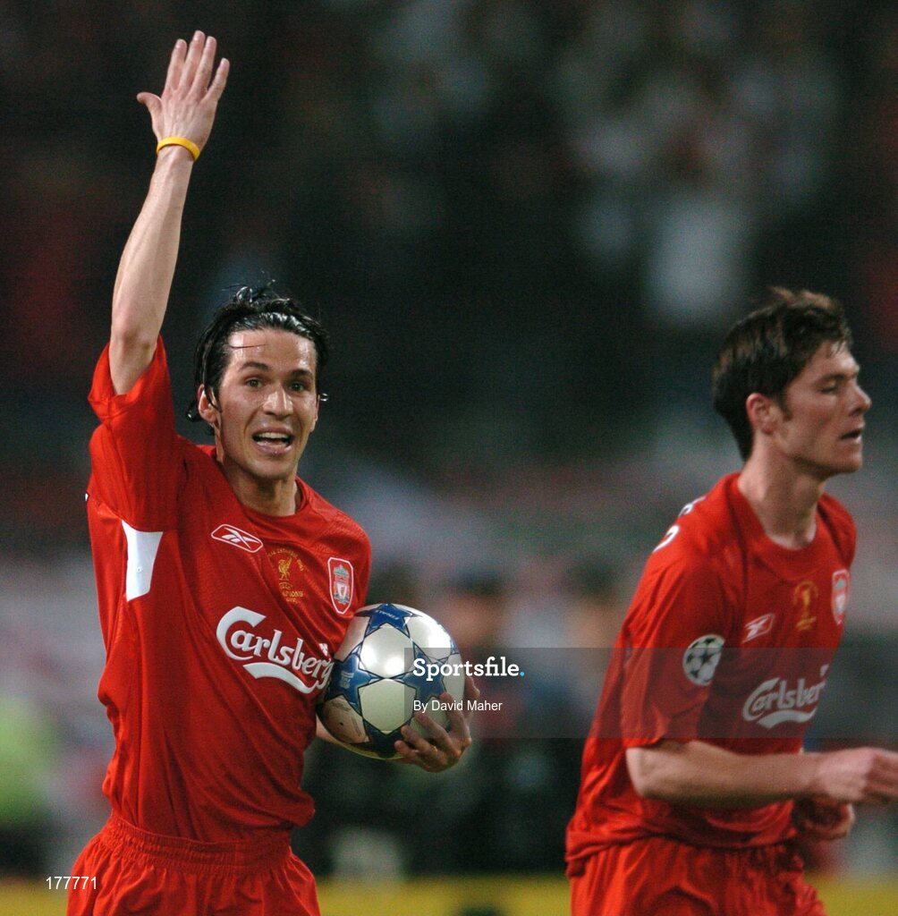 25 May 2005; Luis Garcia, Liverpool, celebrates team-mates Zabi Alonso third goal. UEFA Champions League Final, Liverpool v AC Milan, Ataturk Olympic Stadium, Istanbul, Turkey. Picture credit; David Maher / SPORTSFILE