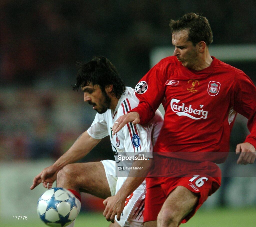 25 May 2005; Gennaro Gattuso, AC Milan, in action against Dietmar Hamann, Liverpool. UEFA Champions League Final, Liverpool v AC Milan, Ataturk Olympic Stadium, Istanbul, Turkey. Picture credit; David Maher / SPORTSFILE