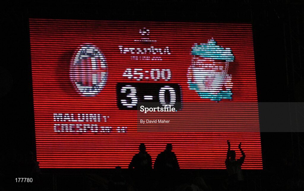 25 May 2005; The scoreboard at half time. UEFA Champions League Final, Liverpool v AC Milan, Ataturk Olympic Stadium, Istanbul, Turkey. Picture credit; David Maher / SPORTSFILE