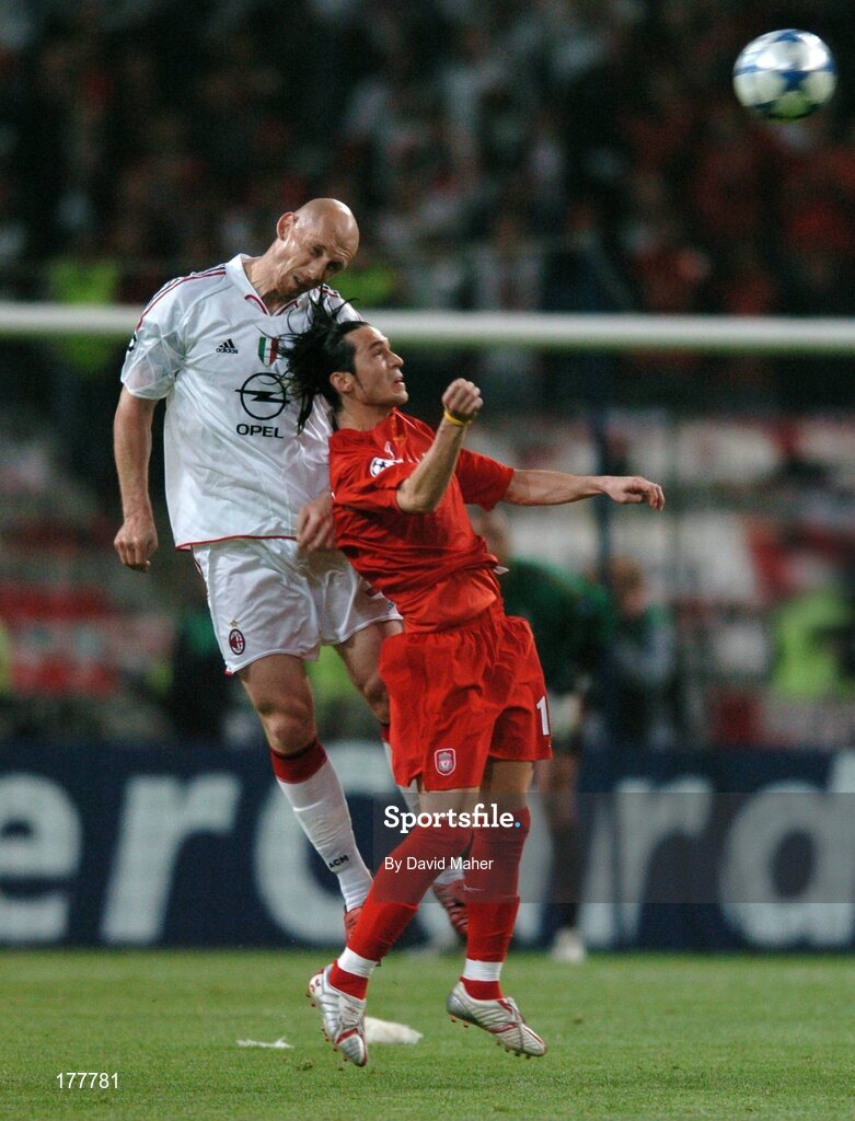 25 May 2005; Jaap Stam, AC Milan, in action against Luis Garcia, Liverpool. UEFA Champions League Final, Liverpool v AC Milan, Ataturk Olympic Stadium, Istanbul, Turkey. Picture credit; David Maher / SPORTSFILE