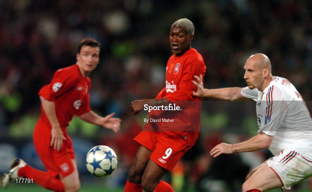 25 May 2005; Djibril Cisse, Liverpool, in action against Jaap Stam, AC Milan. UEFA Champions League Final, Liverpool v AC Milan, Ataturk Olympic Stadium, Istanbul, Turkey. Picture credit; David Maher / SPORTSFILE