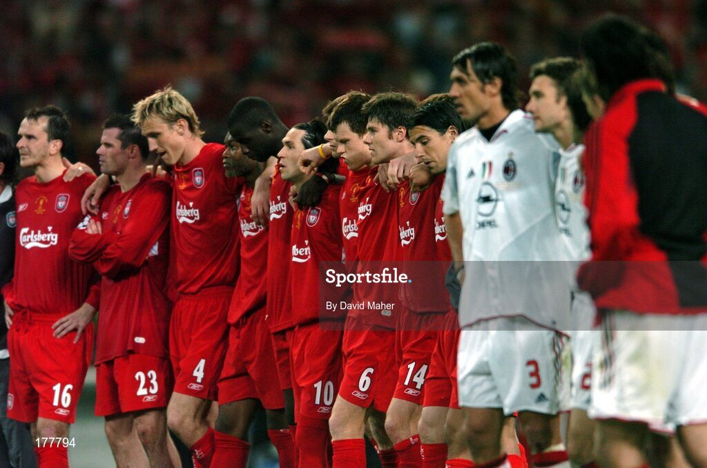 25 May 2005; Liverpool and AC Milan players line up together during the penalty shootout. UEFA Champions League Final, Liverpool v AC Milan, Ataturk Olympic Stadium, Istanbul, Turkey. Picture credit; David Maher / SPORTSFILE
