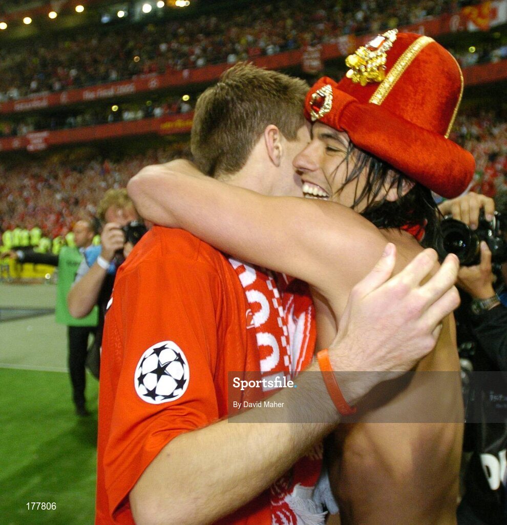 25 May 2005; Milan Baros, left, celebrates with team-mate Steven Gerrard, Liverpool at the end of the game. UEFA Champions League Final, Liverpool v AC Milan, Ataturk Olympic Stadium, Istanbul, Turkey. Picture credit; David Maher / SPORTSFILE