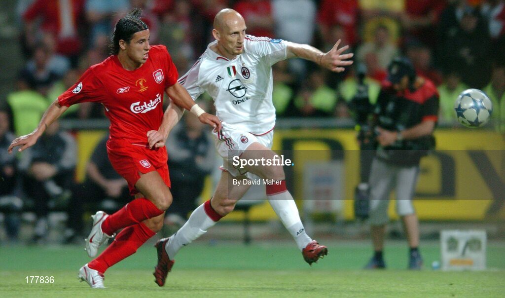 25 May 2005; Jaap Stam, AC Milan, in action against Milan Baros, Liverpool. UEFA Champions League Final, Liverpool v AC Milan, Ataturk Olympic Stadium, Istanbul, Turkey. Picture credit; David Maher / SPORTSFILE