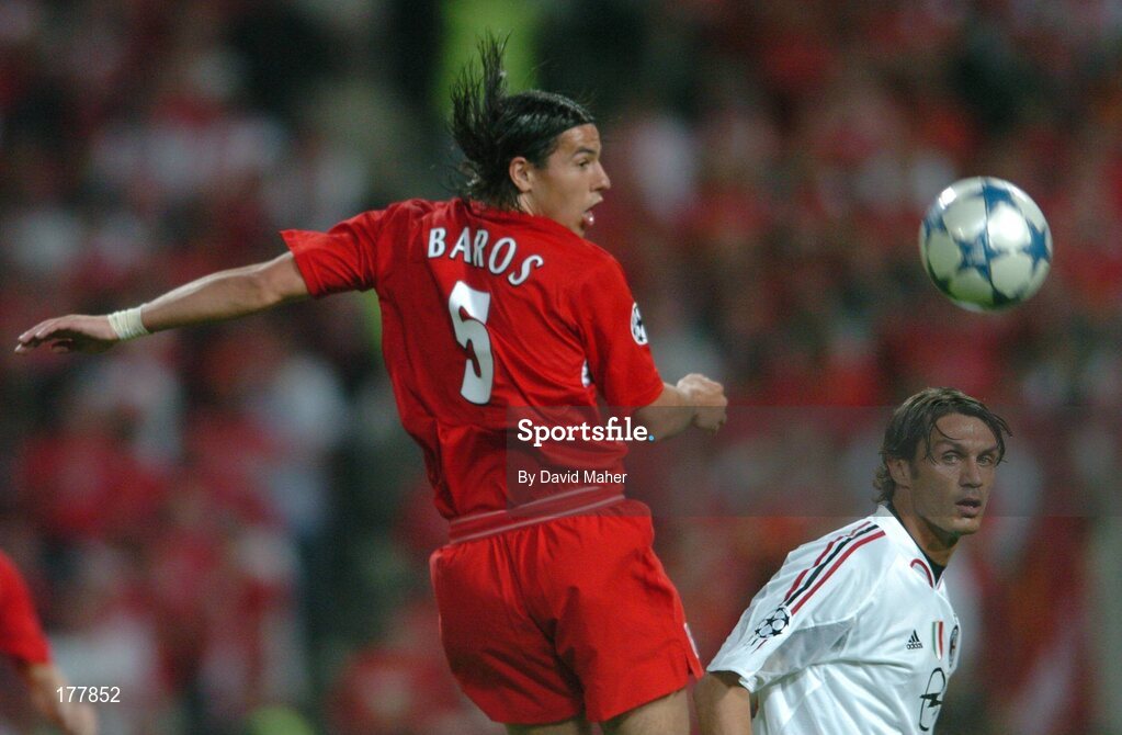 25 May 2005; Milan Baros, Liverpool, in action against Paolo Maldini, AC Milan. UEFA Champions League Final, Liverpool v AC Milan, Ataturk Olympic Stadium, Istanbul, Turkey. Picture credit; David Maher / SPORTSFILE