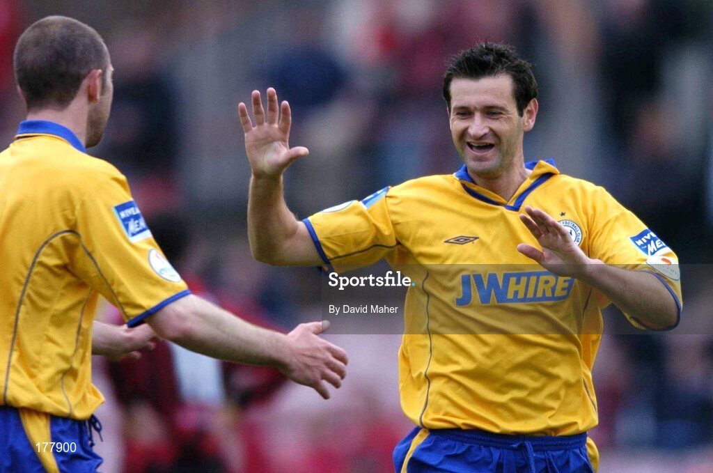 27 May 2005; Alan Moore, right, Shelbourne, celebrates after scoring his sides first goal with team-mate Owen Heary. eircom League, Premier Division, Bohemians v Shelbourne, Dalymount Park, Dublin. Picture credit; David Maher / SPORTSFILE