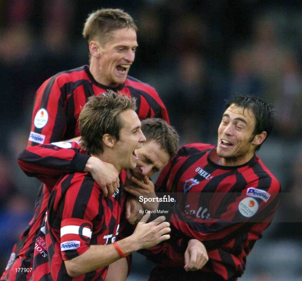 27 May 2005; Gareth Farrelly, second from right, Bohemians, celebrates after scoring his sides first goal with team-mates left to right, Dominic Foley, Kevin Hunt and Stephen Rice. eircom League, Premier Division, Bohemians v Shelbourne, Dalymount Park, Dublin. Picture credit; David Maher / SPORTSFILE