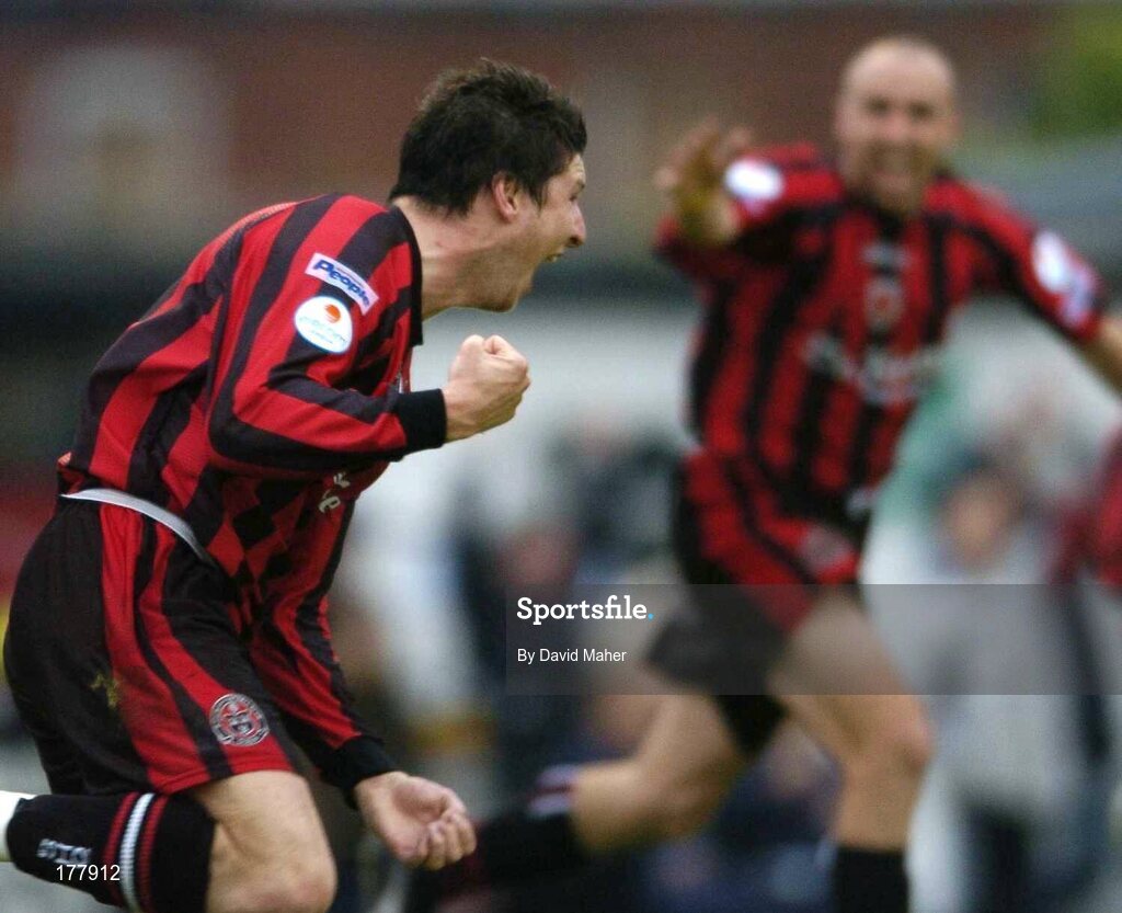 27 May 2005; Ken Oman, left, Bohemians, celebrates after scoring his sides goal with team-mate Tony Grant. eircom League, Premier Division, Bohemians v Shelbourne, Dalymount Park, Dublin. Picture credit; David Maher / SPORTSFILE