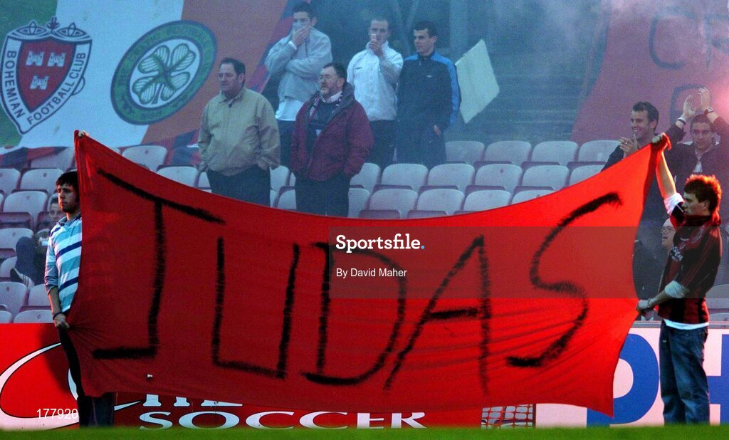 27 May 2005; Bohemians supporters hold a Judas flag at the start of the second half. eircom League, Premier Division, Bohemians v Shelbourne, Dalymount Park, Dublin. Picture credit; David Maher / SPORTSFILE